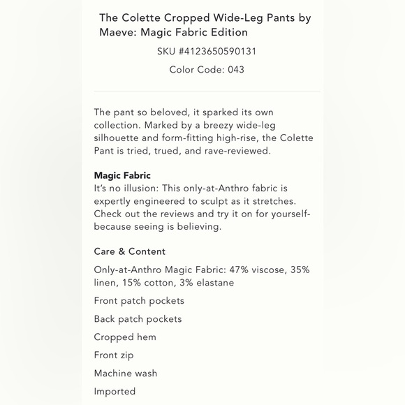 Anthropologie The Colette Cropped Wide-Leg Pants:Magic Fabric Sz 28 NWT READ - Picture 4 of 15